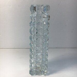 Clear Glass Square Cut Vase 7" High Block Pattern Handmade In Thailand Vintage